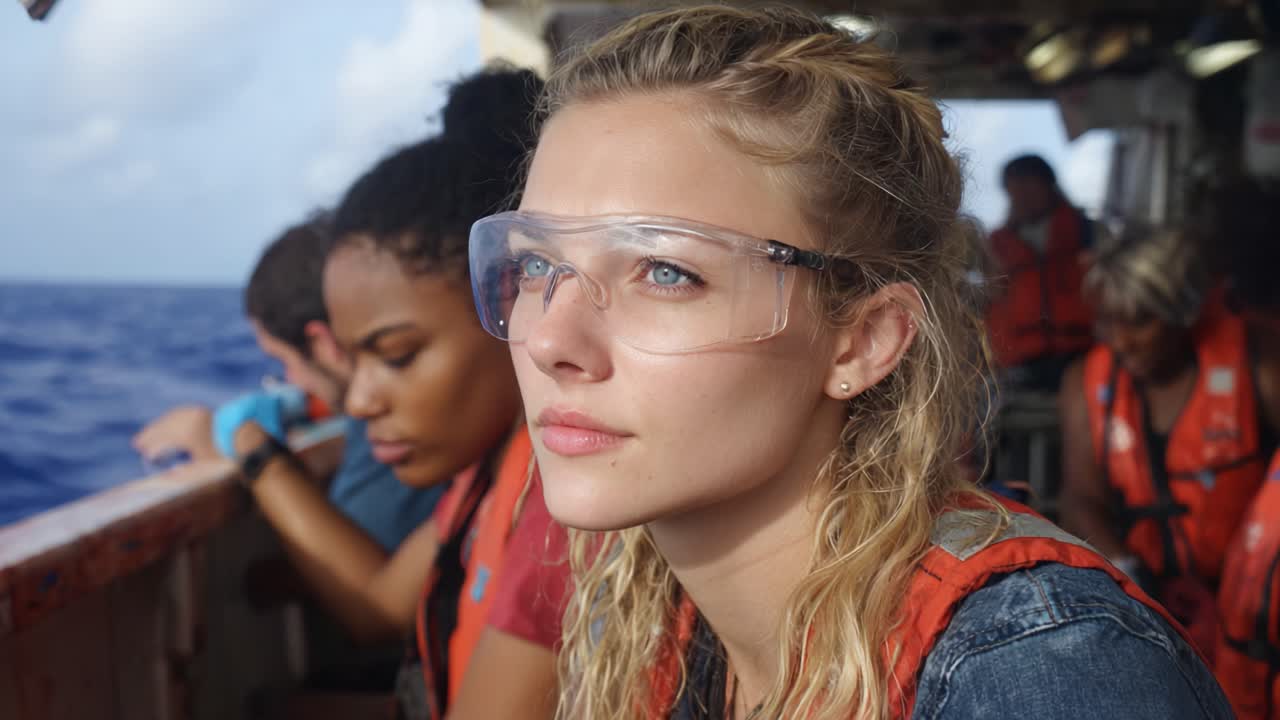 Contemplative Moment at Sea: A Young Woman Ponders Life on a Boat Surrounded by Fellow Adventurers Amidst Expansive Ocean Views and Clear Skies