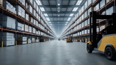 large modern warehouse interior with forklifts and packed shelves