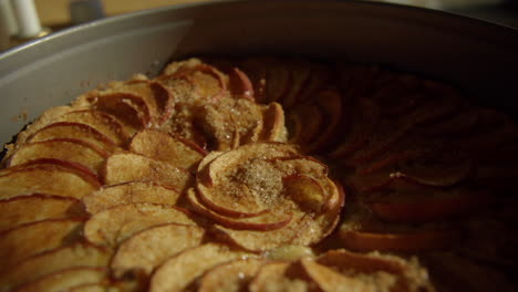 yummy homemade apple pie fresh out of the oven in a two-piece pan 4k sunlit