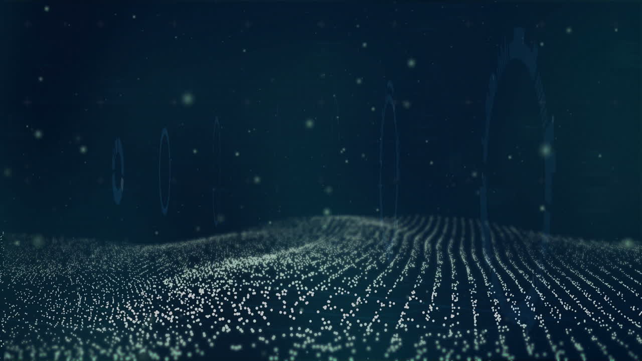 Forming wave patterns, digital particles creating animation in dark, abstract space