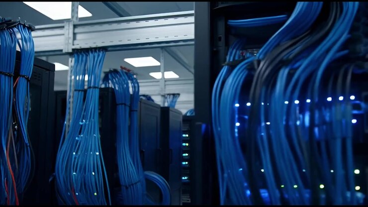 Modern Data Center with Server Racks and Blinking Network Lights