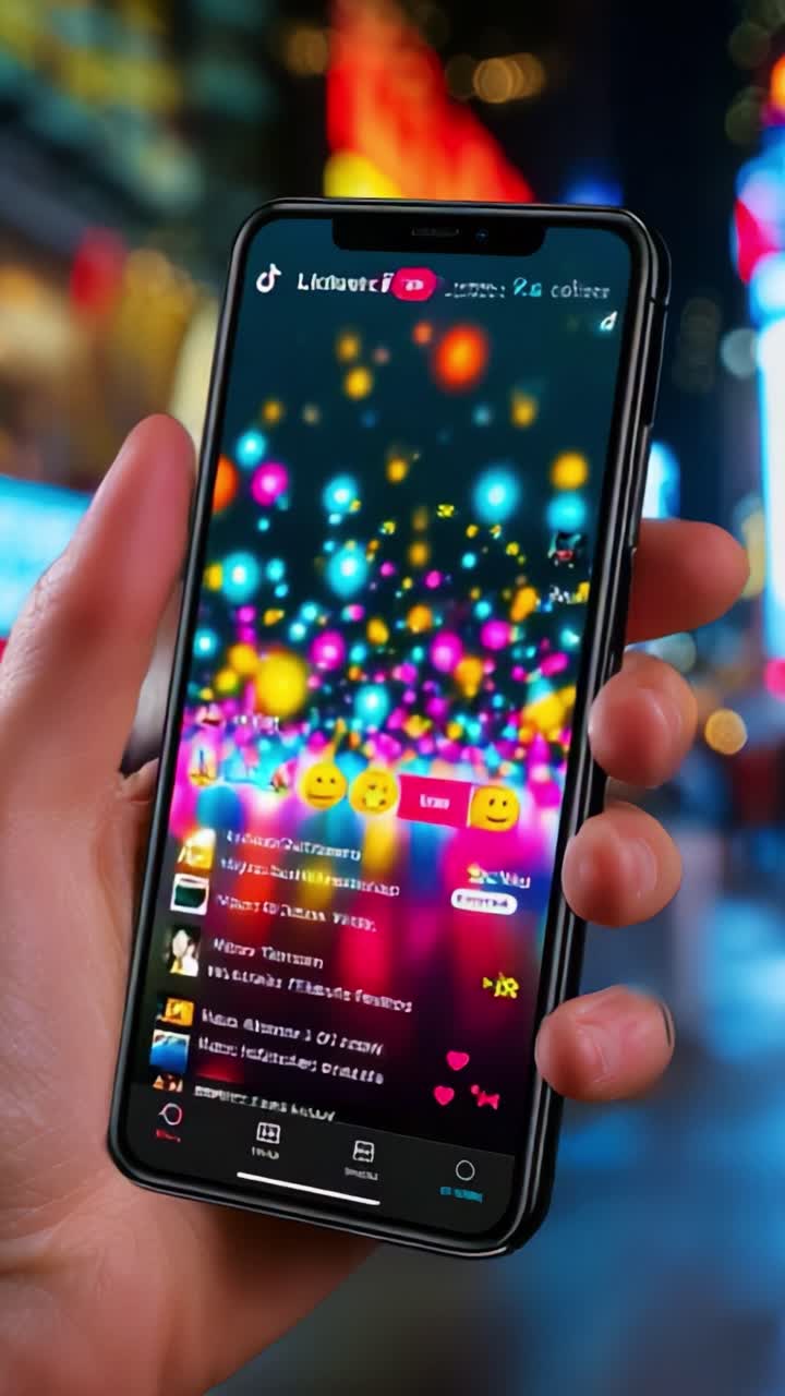 Exploring a Vibrant Mobile Experience with Colorful Media Content Displayed on a Smartphone at Night in an Urban Setting, Capturing the Essence of Digital Interaction and Social Engagement