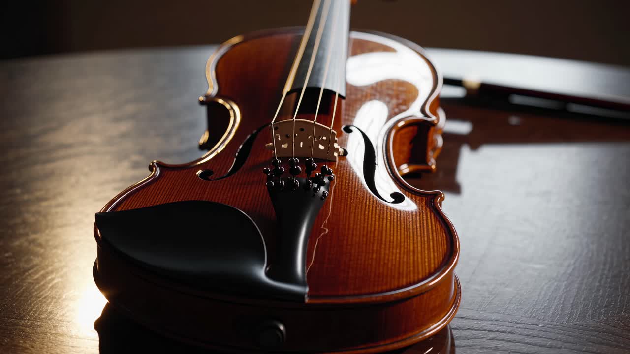 Close-up video of a violin on a wooden table, captured from a low angle, highlighting its glossy