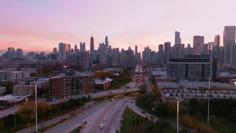 chicago aerial view of expressway with traffic at sunrise