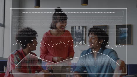 animation of data processing against group of diverse colleagues discussing together at office