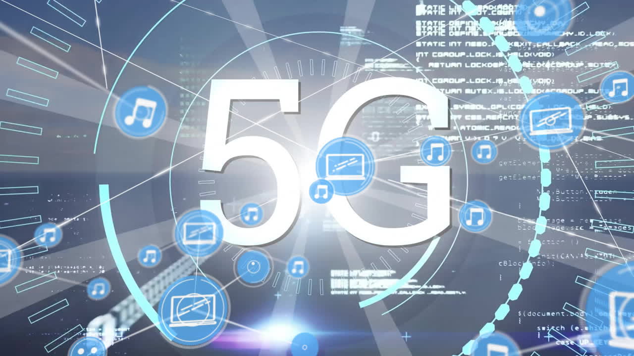 5g 텍스트의 애니메이션, 연결 네트워크를 통해 금융 데이터 처리