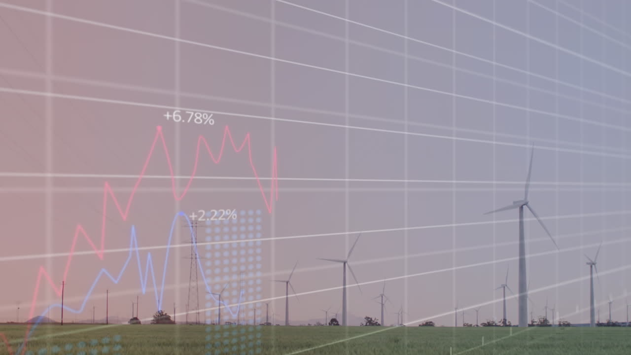 회색 하늘을 배경으로 초원에서 회전하는 풍차 위에서 통계 데이터 처리의 애니메이션