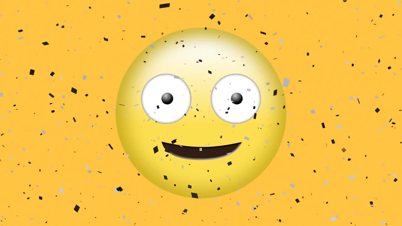 animación de confeti cayendo con la lengua asomada guiñando el emoji sobre un fondo amarillo