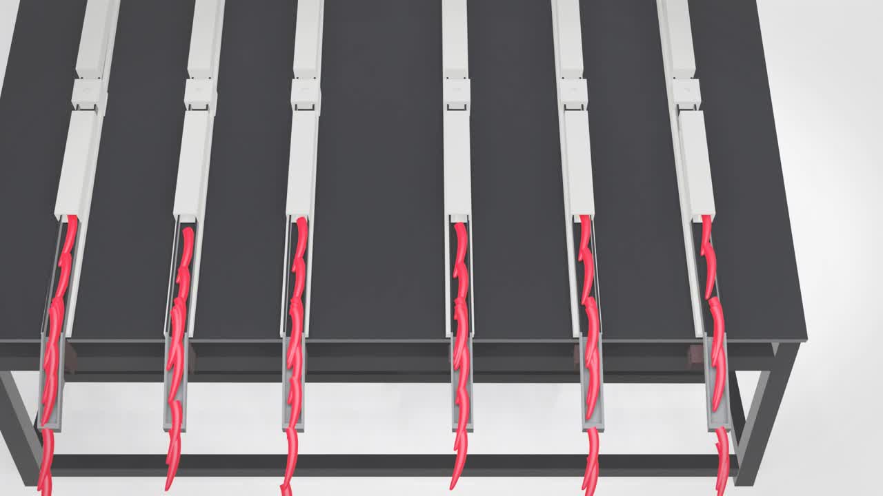 primer plano que muestra el flujo de pimiento rojo en un pasaje durante la producción, 3d