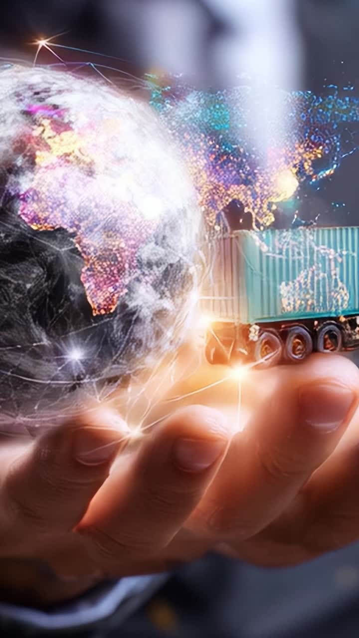 Global Trade and Logistics: A Visualization of Cargo Transportation with a World Globe Interconnected with Digital Network Elements and Bright Lights