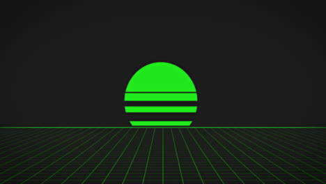 animación del sol verde neón sobre una cuadrícula verde brillante sobre un fondo negro
