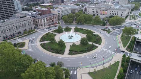 logan square and fountain in philadelphia. cityscape and vine street expressway in foreground