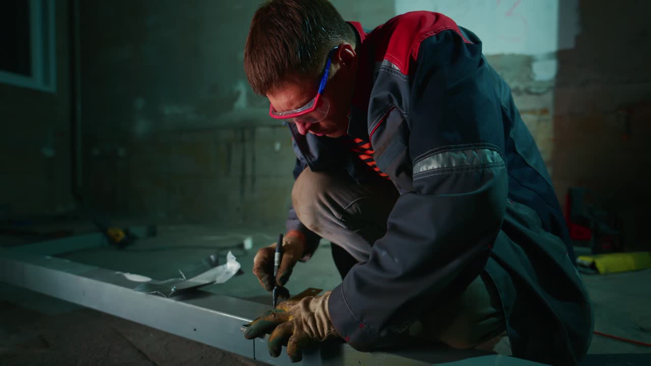 Construction Worker Marking Metal Beam on Building Site