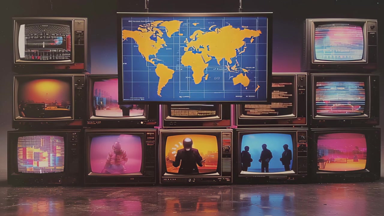 Stack of vintage CRT televisions showing a world map, static and colorful glitch screens in a dark studio setting, concept for global news, media control and surveillance