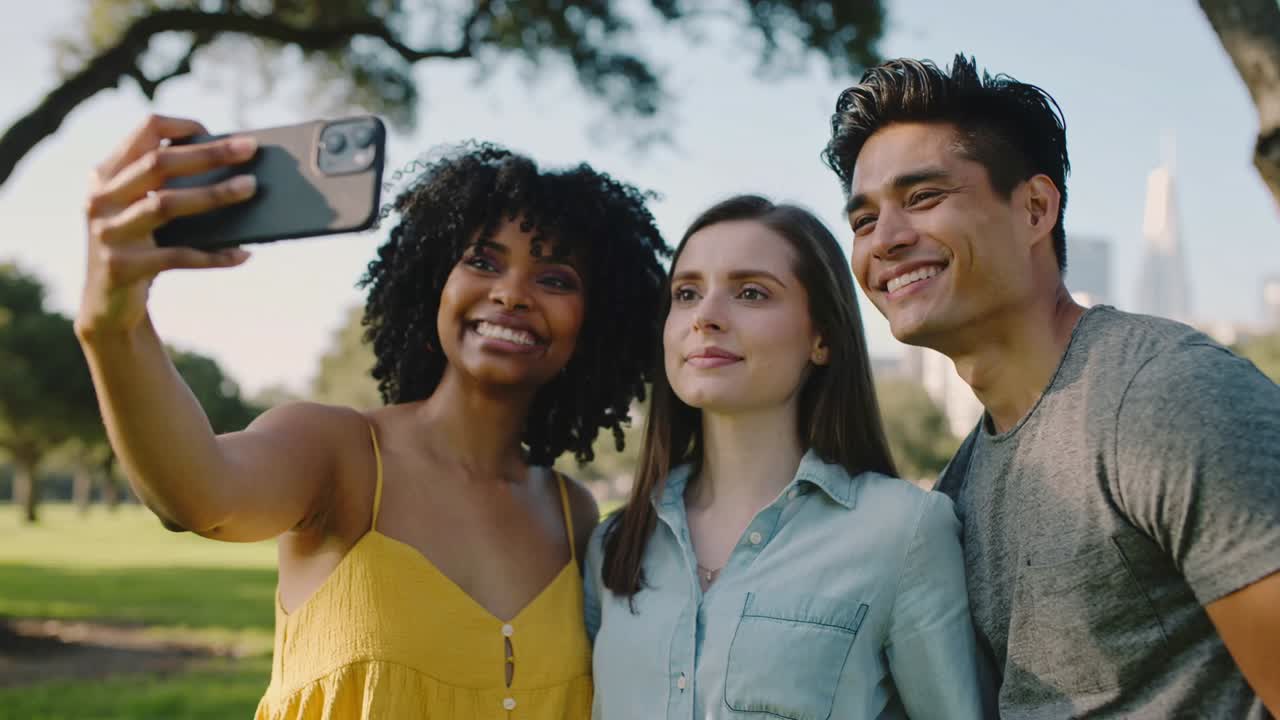 Raising smartphone, left woman in yellow dress framing selfie in park, friends laughing