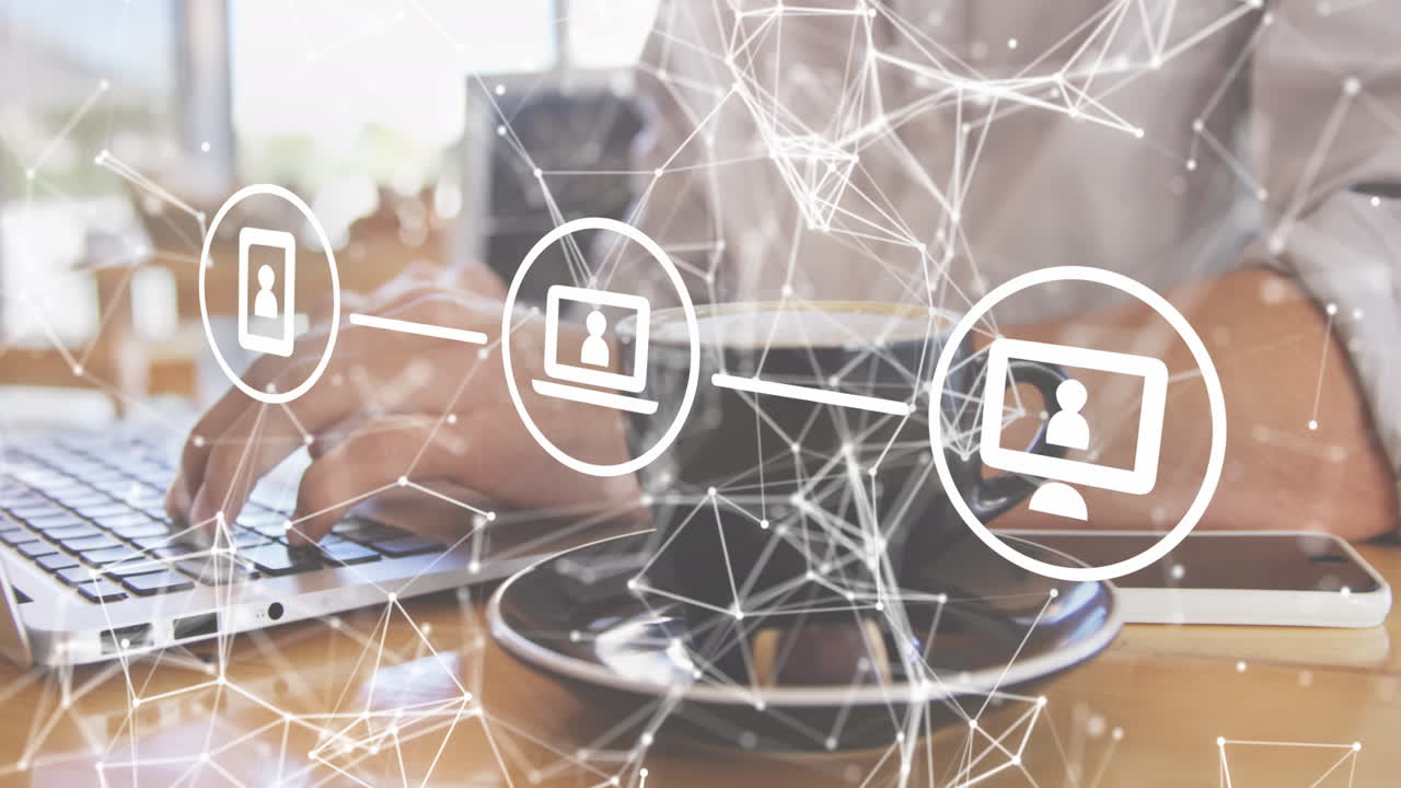 Animation of data processing and networks over man using laptop