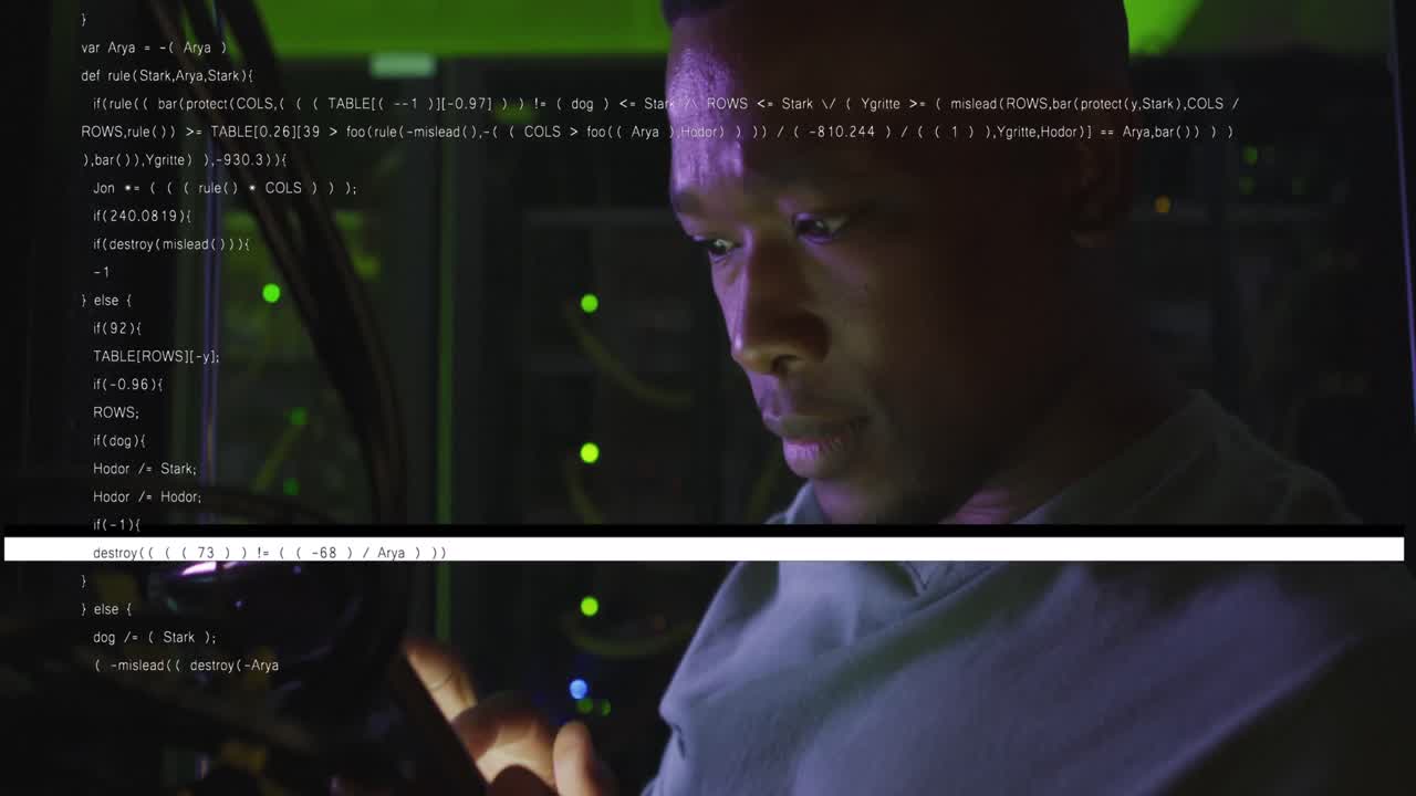 Animation of lines and data over african american man in server room