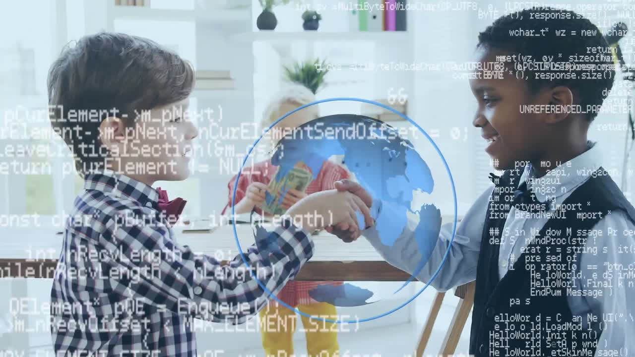 escolares dándose la mano con el globo y los datos en movimiento