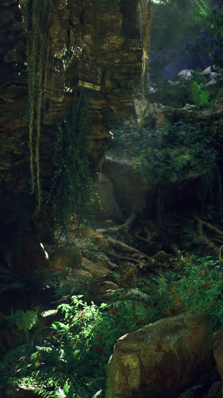 Lush green forest with sunlight filtering through ancient trees at midday