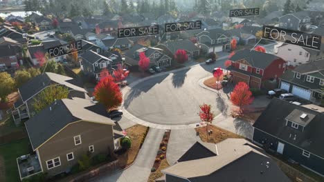 aerial view of a neighborhood during autumn with "for sale" signs animating over the homes