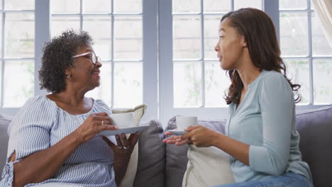 mujeres mayores y jóvenes de raza mixta que pasan tiempo juntas en casa