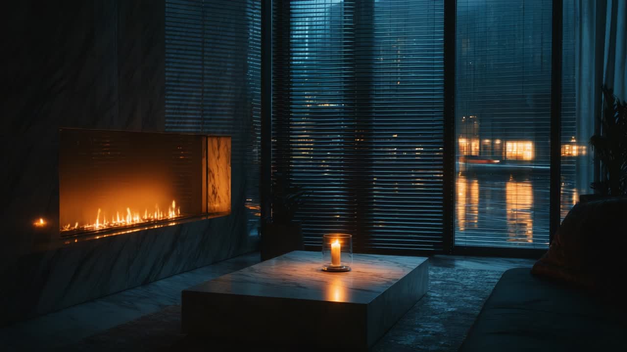 A Cozy Evening Retreat: Embracing the Warmth of a Glowing Fireplace and the Tranquility of a Rainy Night with Dim Lighting and Soft Reflections in a Modern Living Space