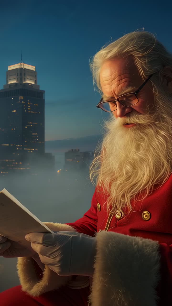 Vertical video: Raising letter Santa man reading and studying contents on rooftop in coat, glasses