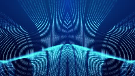 sci-fi abstract theme with particle mirror waves. 4k looped abstract blue background of glow particles form curved lines, surfaces simmetrical structures. digital bg with particle hologram.