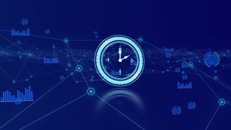 Animation-of-clock-and-graphs-on-dark-blue-background