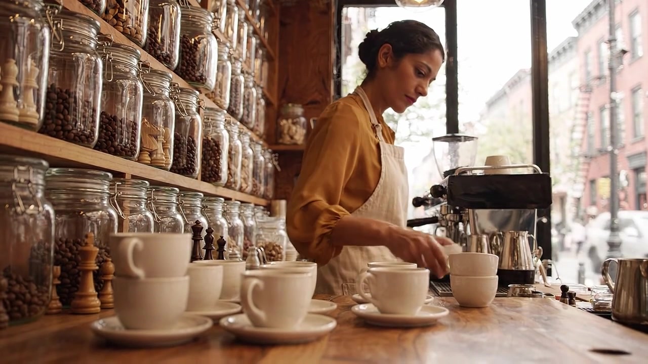 Barista che prepara il caffè in un caffè accogliente, circondato da barattoli di chicchi di caffè, mostrando un'atmosfera vivace e un'abile maestria nella preparazione delle bevande.