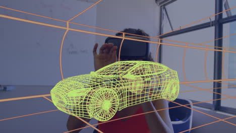 animación de dibujo 3d digital de un coche sobre una mujer usando auriculares vr