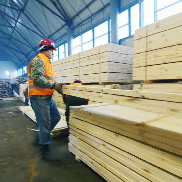Un gruppo di operai sposta listelli di legno in magazzino 1
