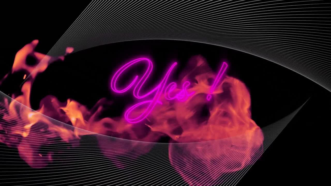 Animazione della scritta "yes" al neon rosa e linee parallele bianche su fuoco, su sfondo nero.