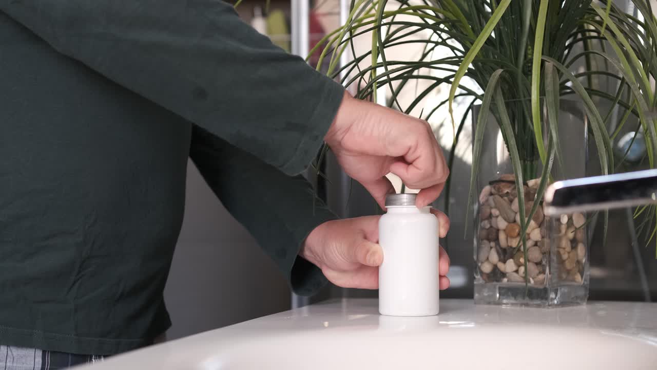 Mature man uncorking a bottle of pills in the bathroom and taking them