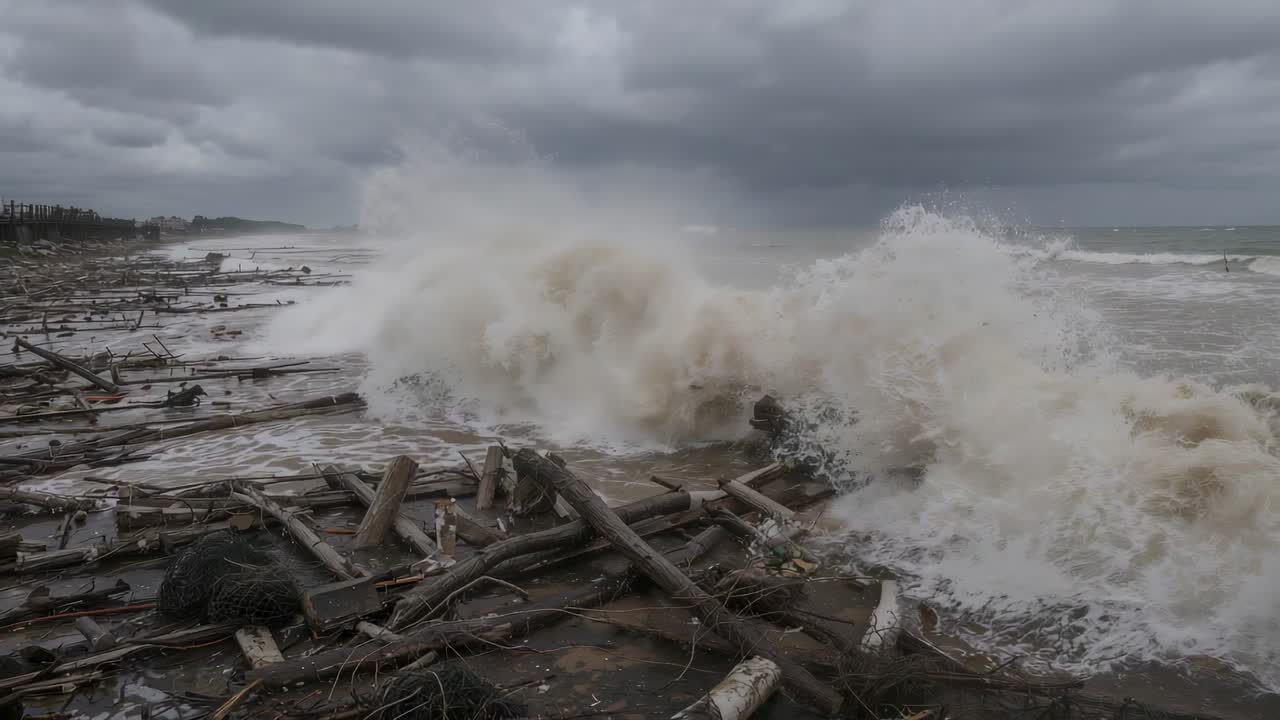 Surging incoming wave crashing driftwood pile on storm-tossed beach, exposing tangled netting