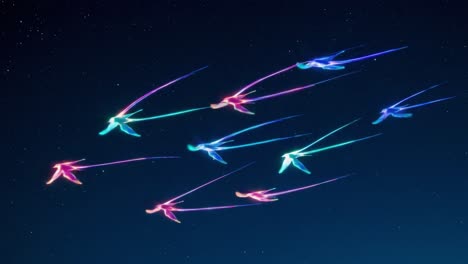 A mesmerizing display of ethereal birds gliding through a starry night sky, illuminating the darkness with vibrant colors and enchanting patterns in motion