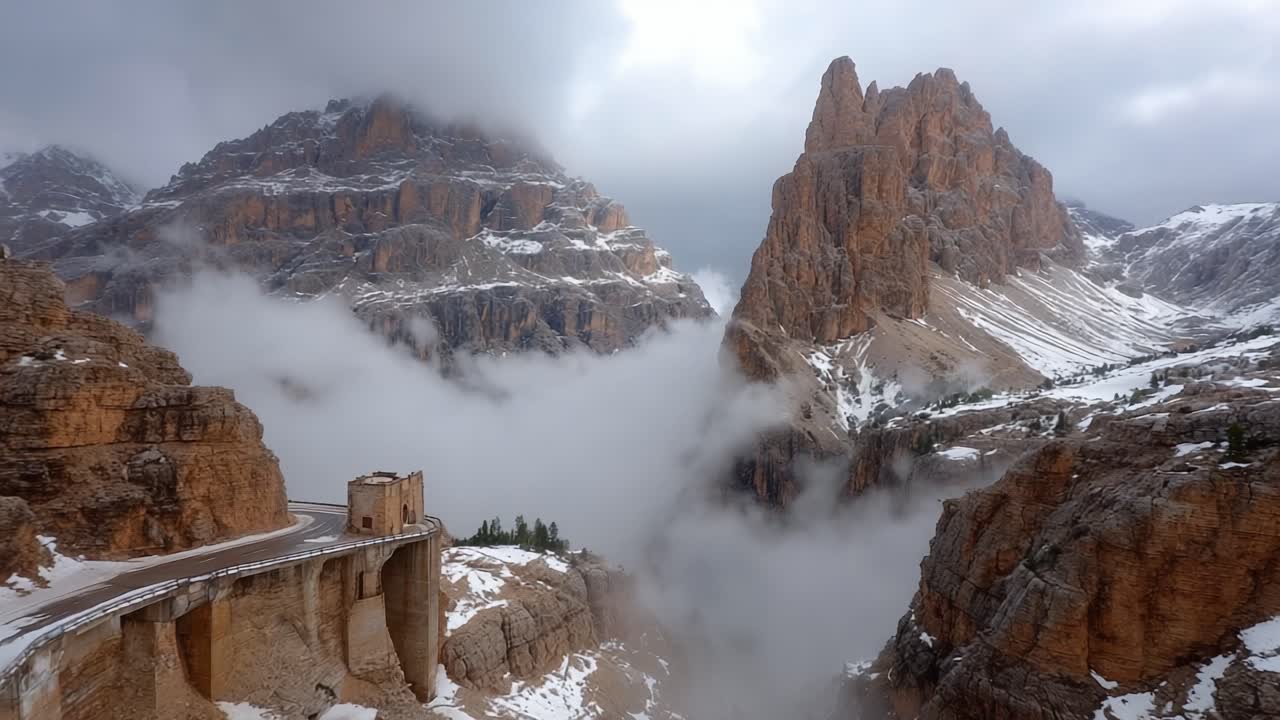 Majestic Mountain Landscape with Dramatic Cliffs and Rolling Fog Captured from Above in a Breathtaking Aerial View of Nature's Stunning Beauty and Serenity