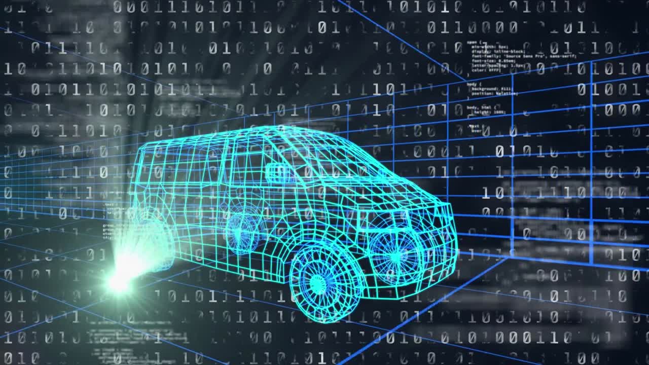 검은 바탕에 회전하는 자동차 모델 위의 디지털 데이터 처리 애니메이션