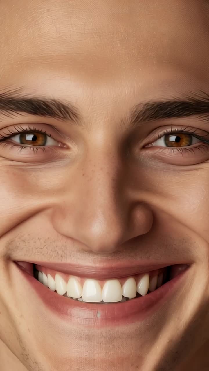 Vertical video: Smiling male face transforming from neutral expression into broad grin in studio