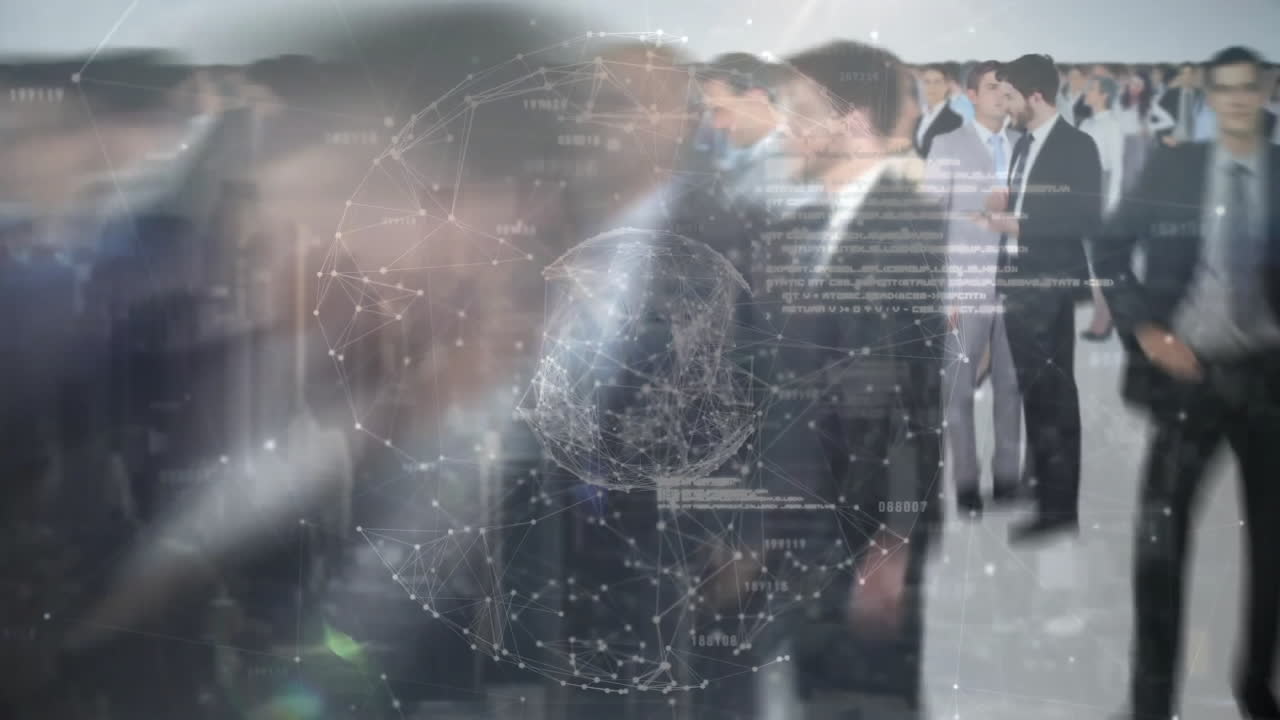 글로벌 네트워크 애니메이션, 다양한 비즈니스 사람들이 사무실 환경에서 상호 작용합니다.