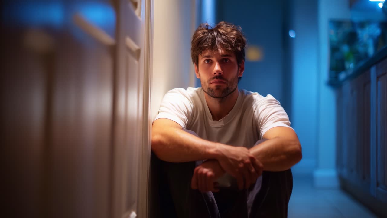Un giovane uomo seduto pensieroso in un corridoio scarsamente illuminato, che cattura un momento di introspezione e riflessione in un ambiente tranquillo ma evocativo