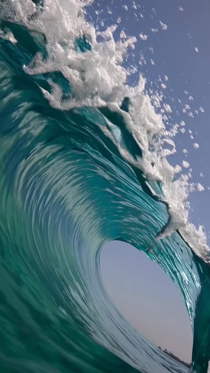 Dynamic video still of a curling ocean wave from a low-angle perspective, capturing the fluid motion