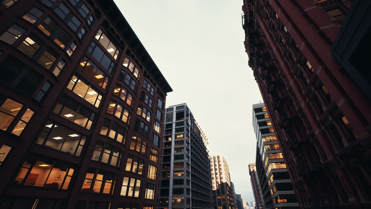 Dusk urban environment featuring illuminated offices and historic architecture