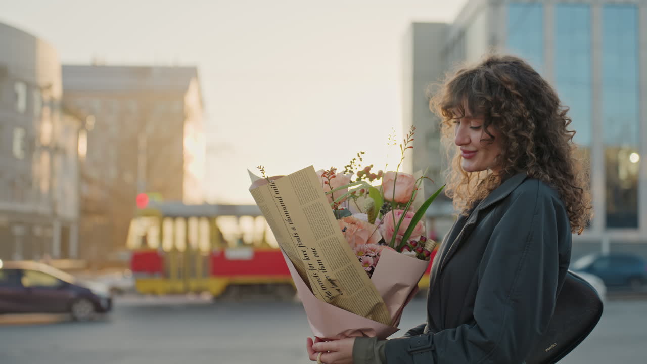 Fiorista urbano con bouquet vivace. Scena di strada illuminata dal sole con fiorista sorridente e fiori rigogliosi. Ritratto dai toni caldi di fiorista caucasica tra le strade della città con ricca esposizione floreale