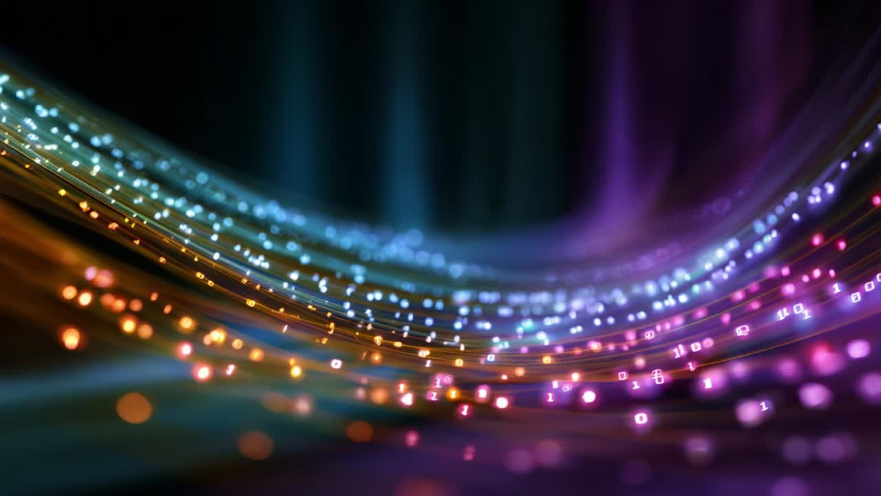 A Stunning Visual Representation of Digital Waves Illuminated by Colorful Lights, Showcasing the Dynamic Flow of Data in a Futuristic Environment with Intertwining Patterns and Vibrant Effects