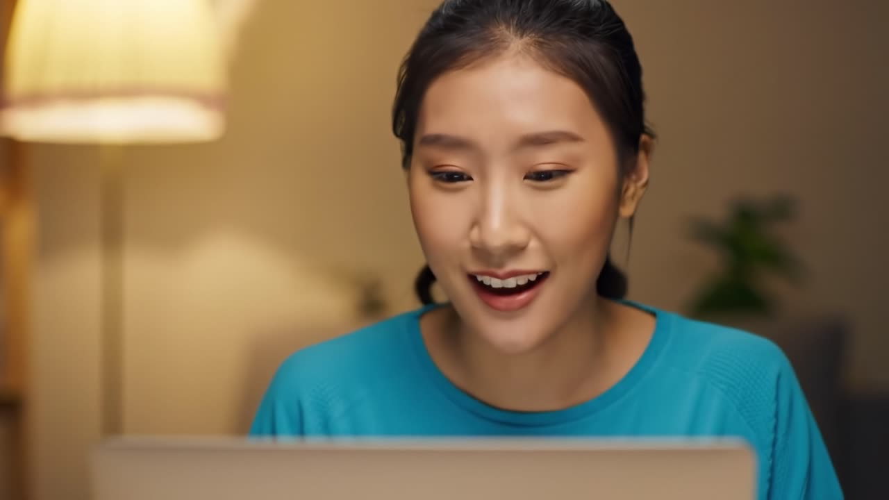 A Young Woman Engaged in a Delightful Online Experience, Smiling and Connecting with Friends or Family through a Laptop in a Cozy Indoor Setting