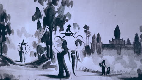 Slow-mo-Handmade-Black-and-White-Buddhist-painting-portraing-Angkor-Wat-Temples-and-Elephants-in-Siem-Reap