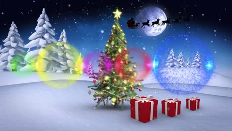 decoraciones coloridas colgando contra el árbol de navidad y regalos en el paisaje de invierno