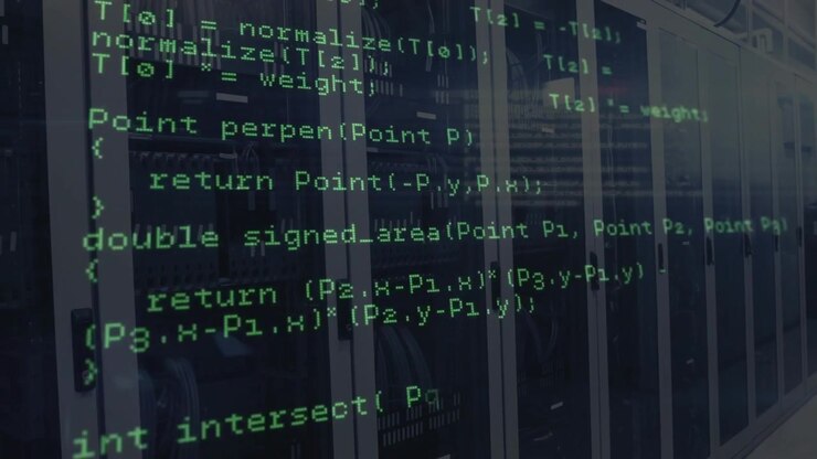 Opening server rack view initiating code scrolling upward demonstrating C++ geometry HTTP routines