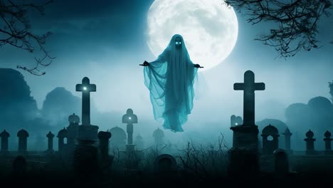 spooky ghost floats among tombstones in a foggy graveyard under a full moon, creating a chilling atmosphere perfect for halloween or horror projects